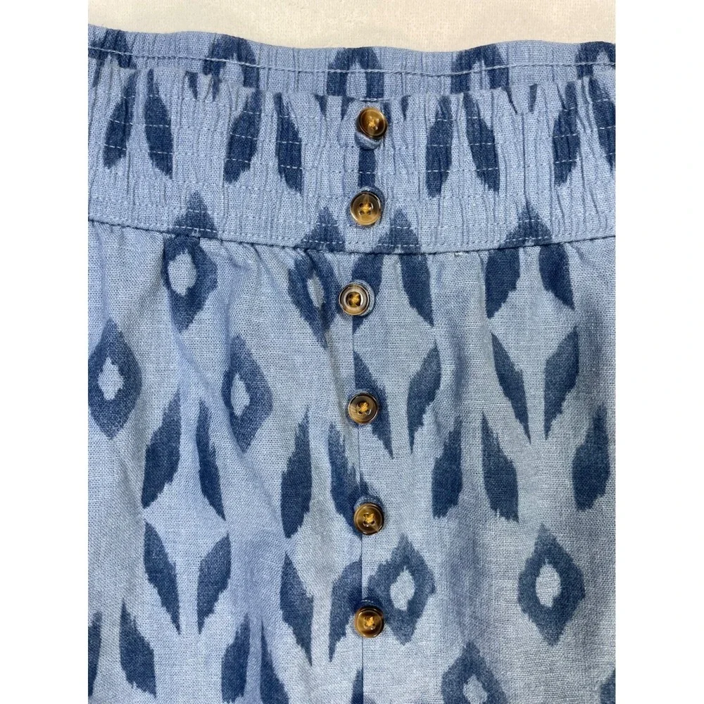 linen‎ blend blue ikat print midi skirt pockets L boho coastal cottage summer